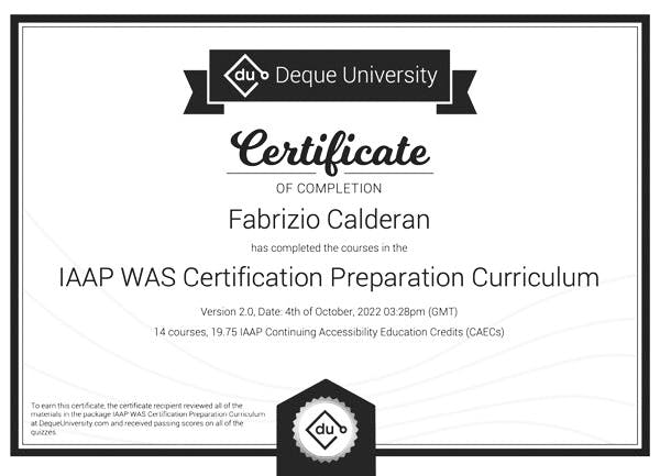 My certificate for successfully completing the IAAP/WAS course