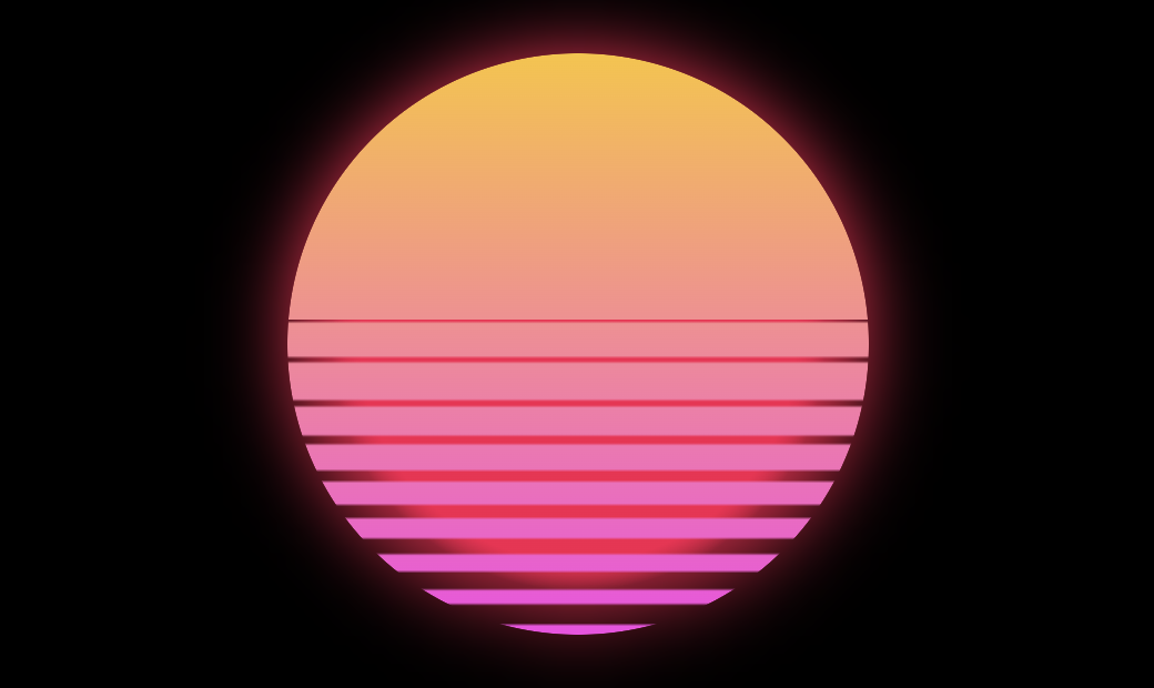 A typical retrowave sunset. The sun is coloured with an orange-to-fuchsia gradient and behind a purple core is visible through some transparent lines at the bottom.
